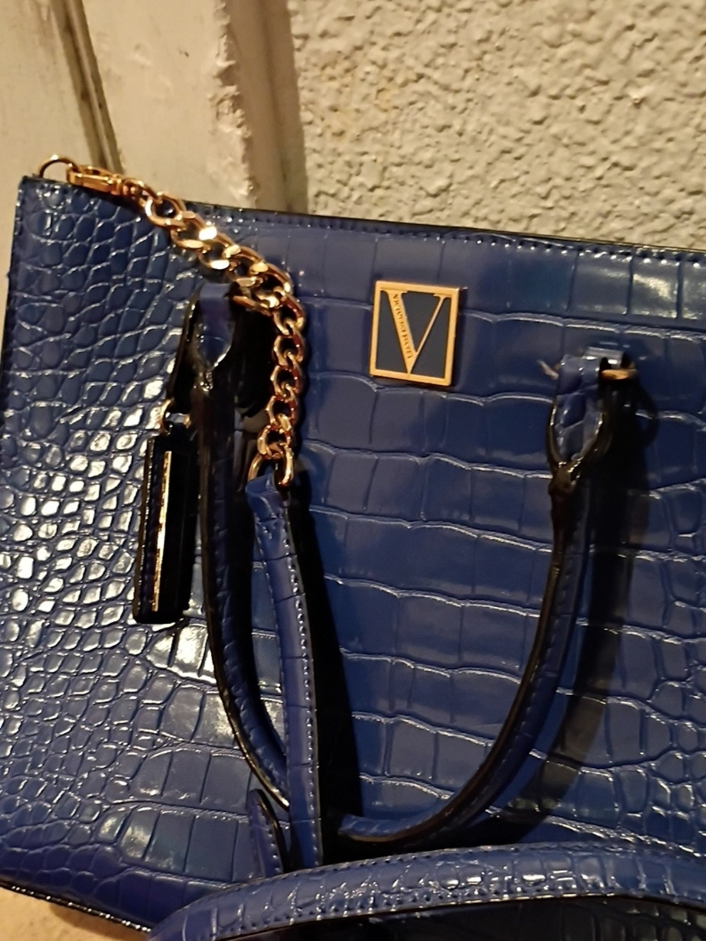 Croc-Embossed Blue Satchel with Gold Chain Accent